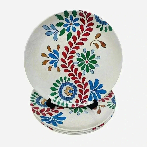 BUNGALOW Set of 4 Melamine 11" Dinner Plates Burgundy Floral Summer Table Decor - Picture 2 of 5